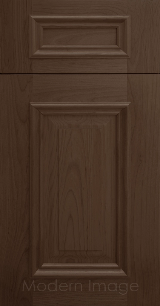 Heritage custom cabinets in a Driftwood Stain, classic raised panel doors, and modern flat slab drawer fronts.